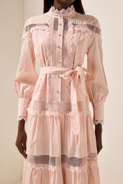 Solid Lace Bottom Midi Dress With Belt