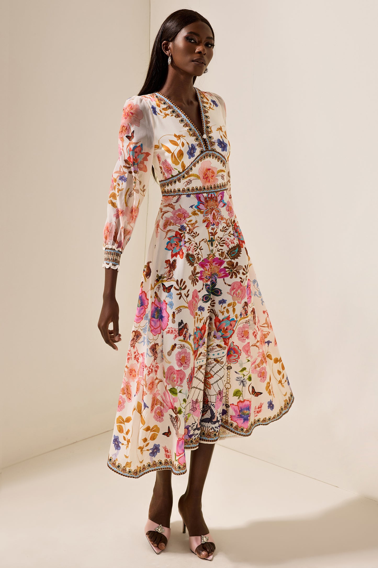 Floral Lantern Sleeve V-Neck Midi Dress