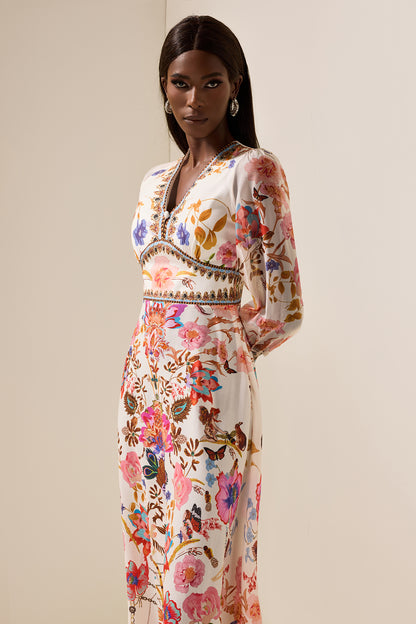 Floral Lantern Sleeve V-Neck Midi Dress