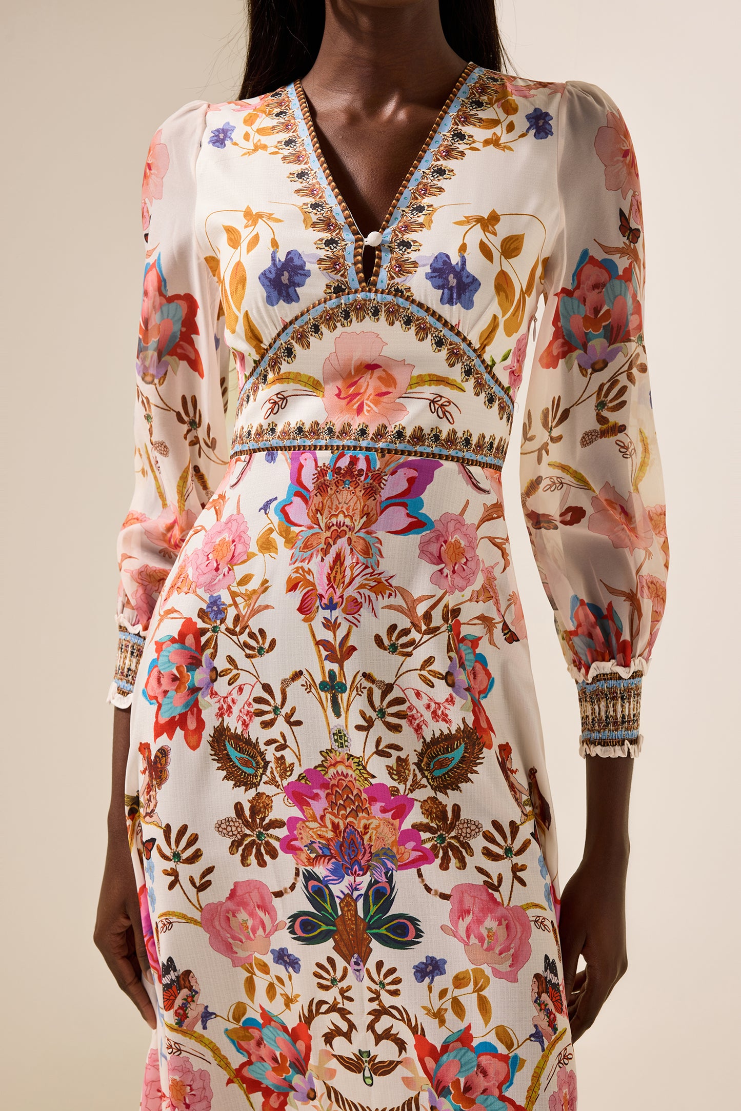 Floral Lantern Sleeve V-Neck Midi Dress