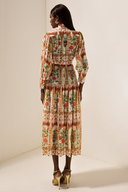 Palace Print Stand Collar Midi Dress With Belt