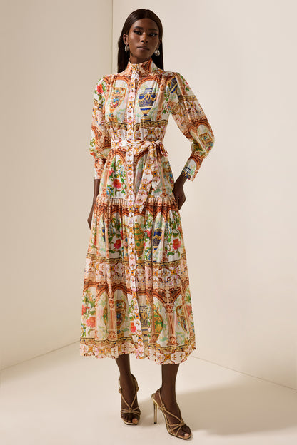 Palace Print Stand Collar Midi Dress With Belt