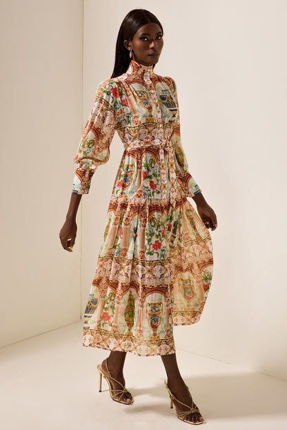 Palace Print Stand Collar Midi Dress With Belt