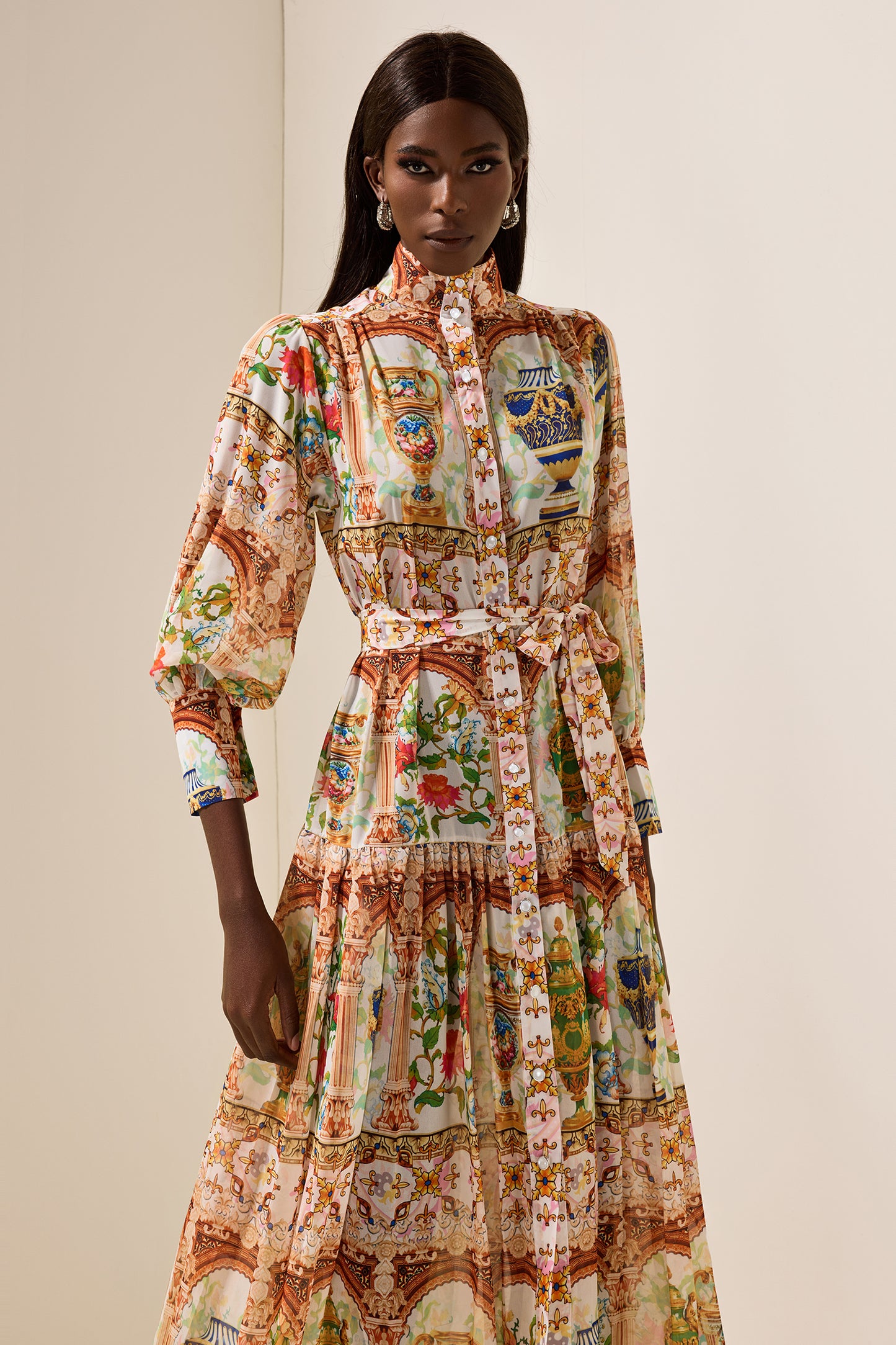 Palace Print Stand Collar Midi Dress With Belt