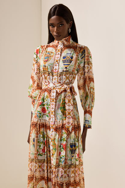 Palace Print Stand Collar Midi Dress With Belt