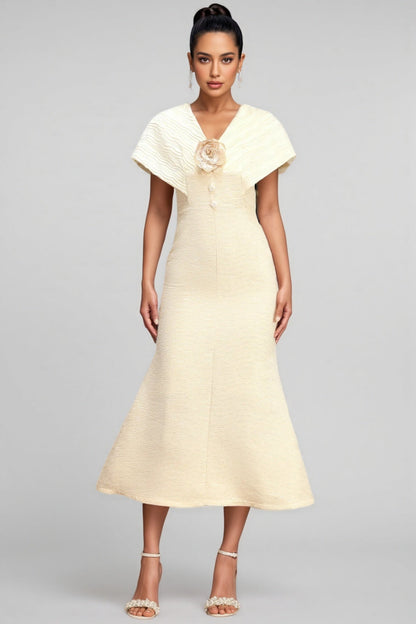 Talisd V-Neck Flower Folds Fishtail Midi Dress