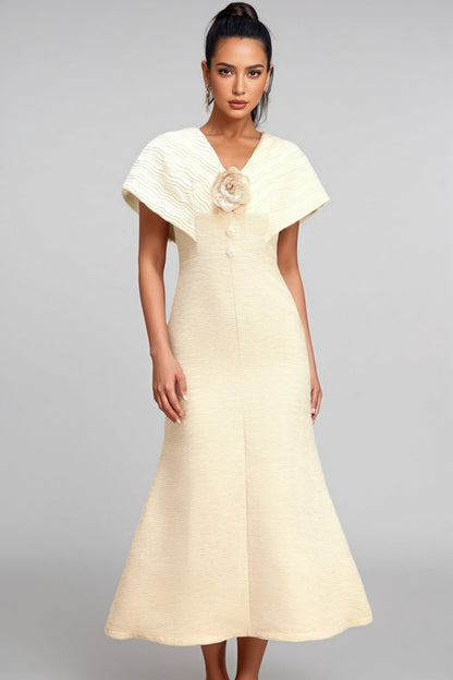 Talisd V-Neck Flower Folds Fishtail Midi Dress
