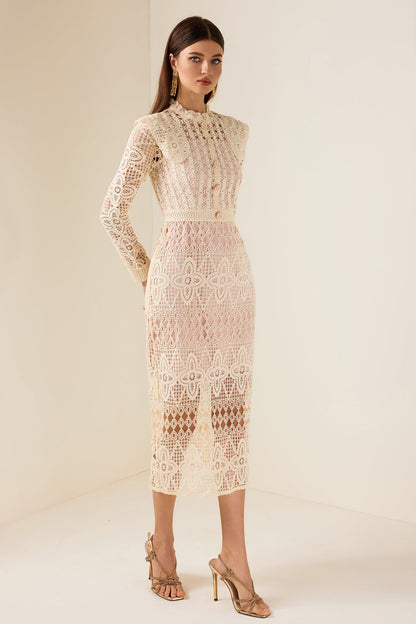 Lace Faux Pearl Button Long Sleeve Midi Dress