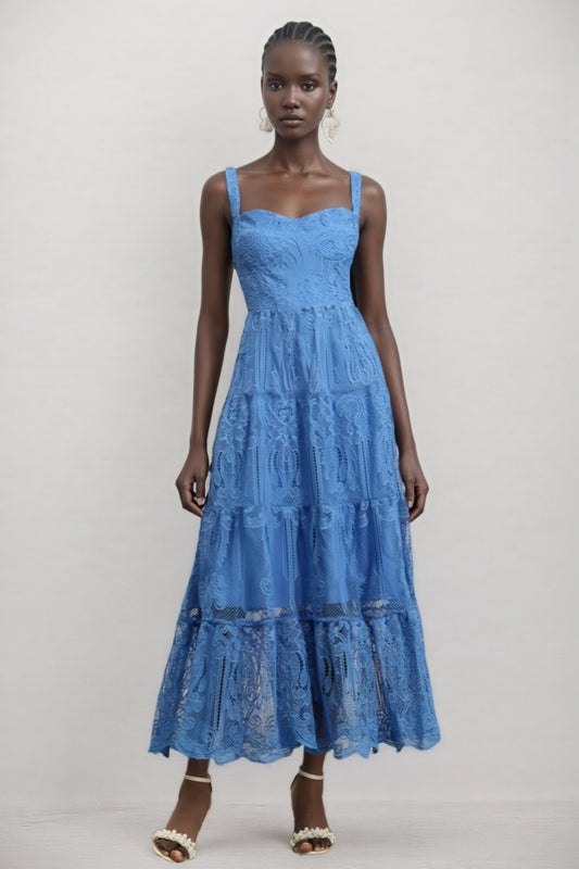Neona Blue Lace Embroidered Maxi Dress