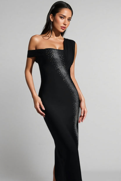 Zinnilk One Shoulder Diamond Bandage Maxi Dress