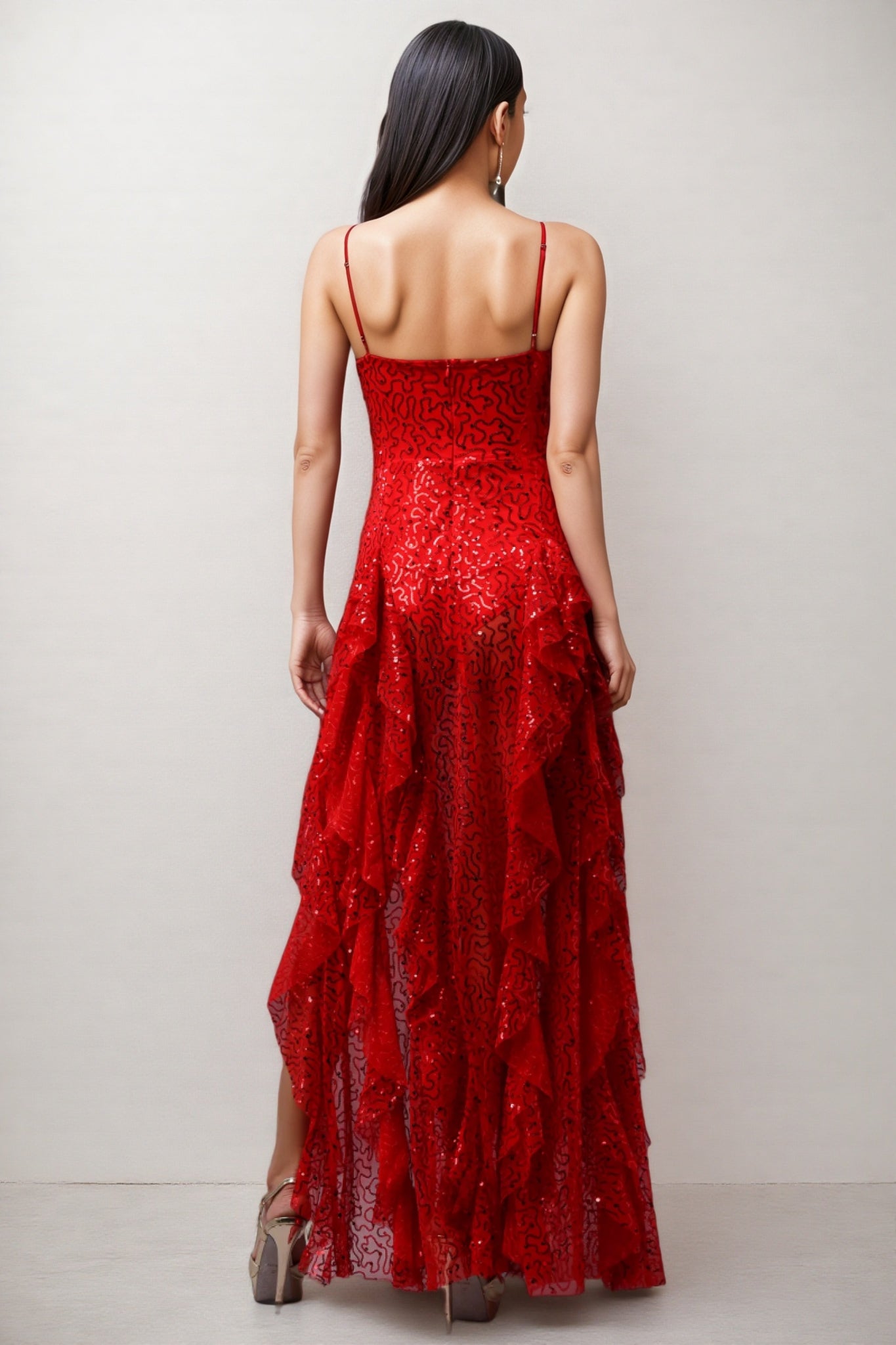 Marge Sleeveless Sequins Slit Ruffle Maxi Dress