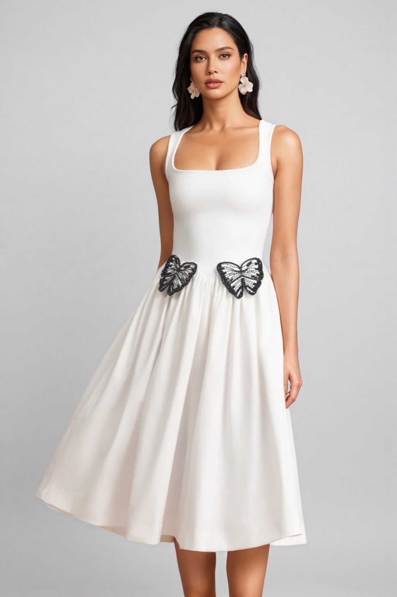 Jiusi Square Collar Halter Butterfly Midi Dress