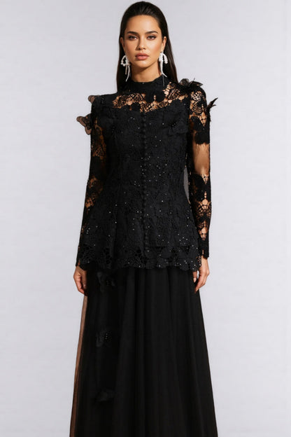 Gaki Long Sleeve Folds Lace Butterfly Maxi Dress Set