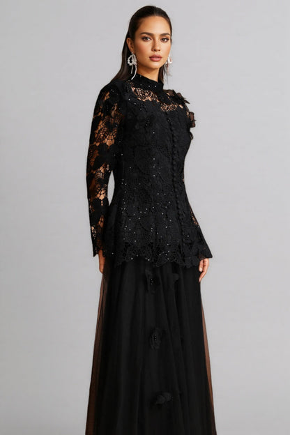 Gaki Long Sleeve Folds Lace Butterfly Maxi Dress Set