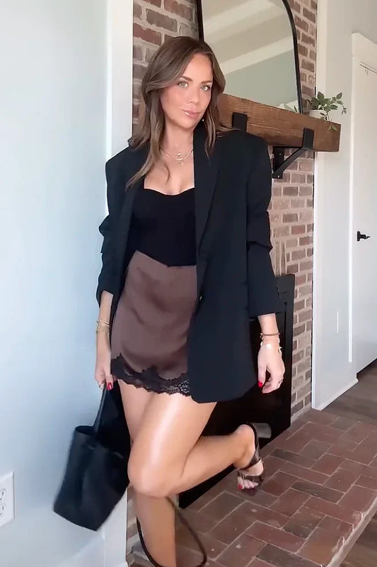 Textured Satin Skirt with Statement Jacket & Bodysuit