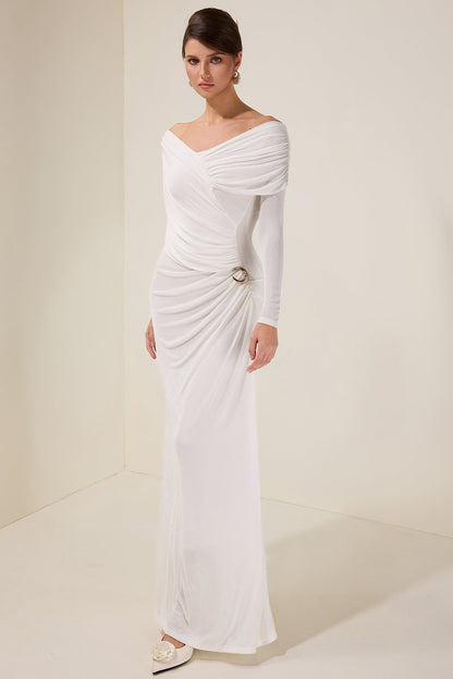 Solid Gathering Long Sleeve Maxi Dress