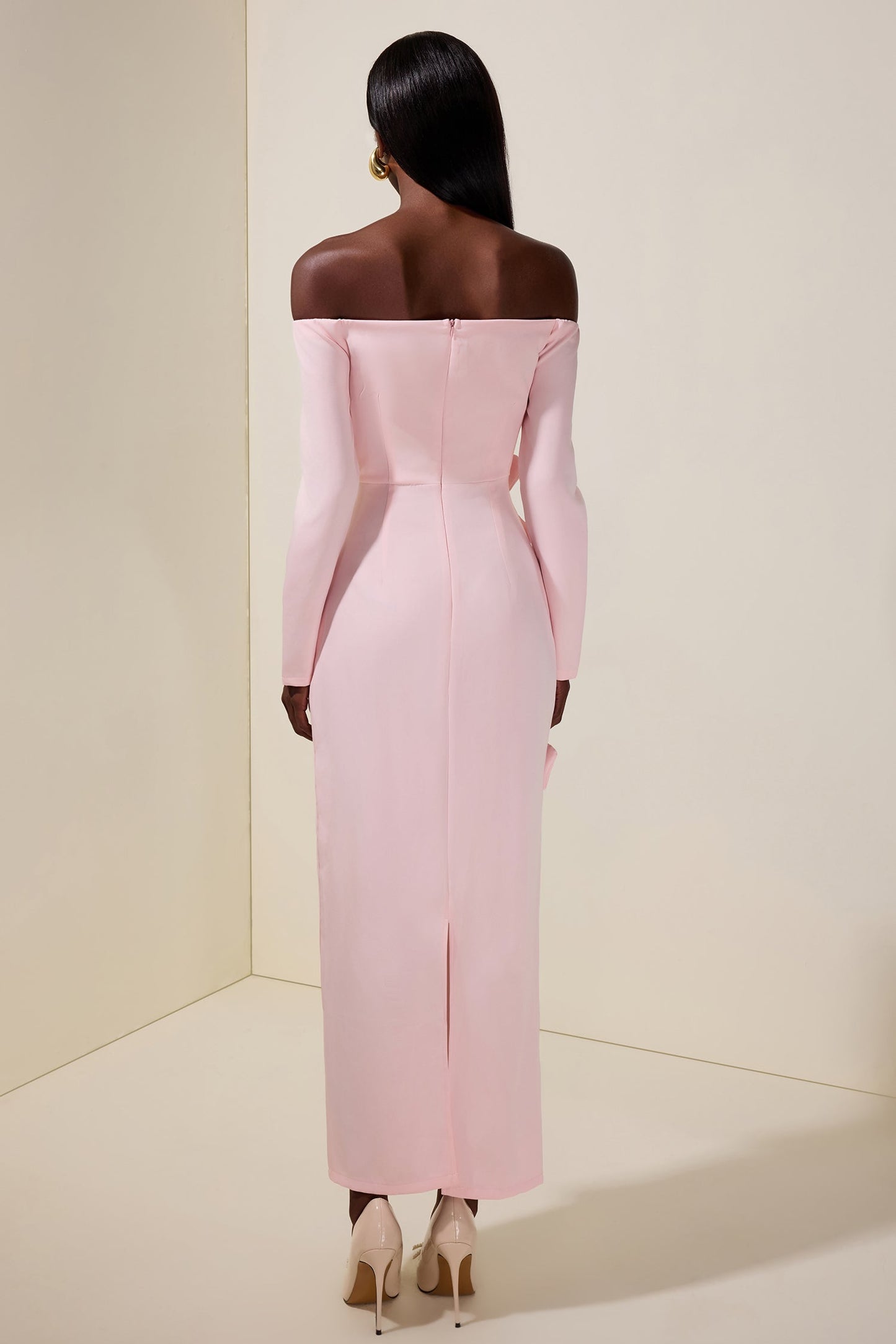 Solid 3D Flower Off-Shoulder Midi Dress
