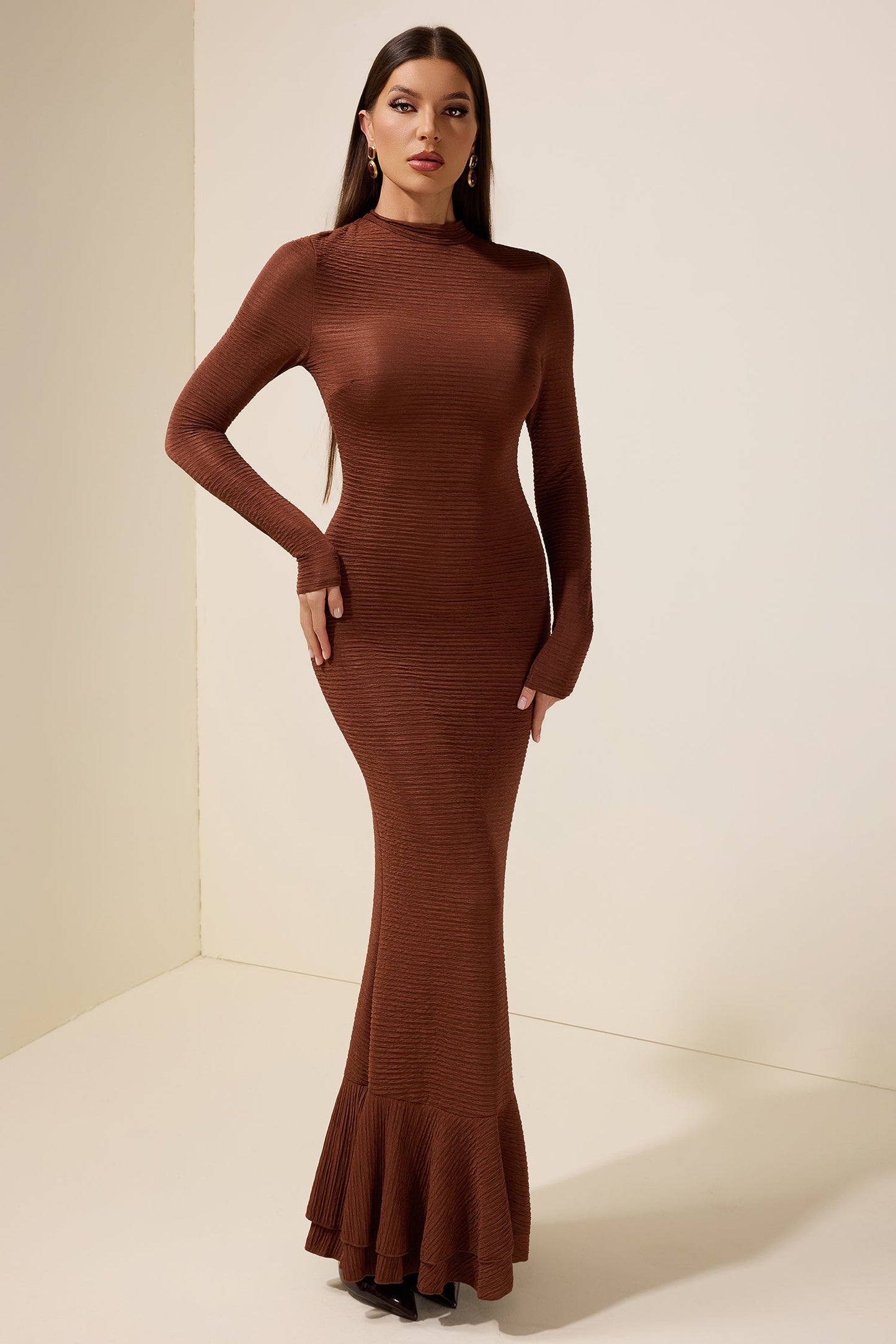 Crumpled Ruffle Long Sleeve Maxi Dress