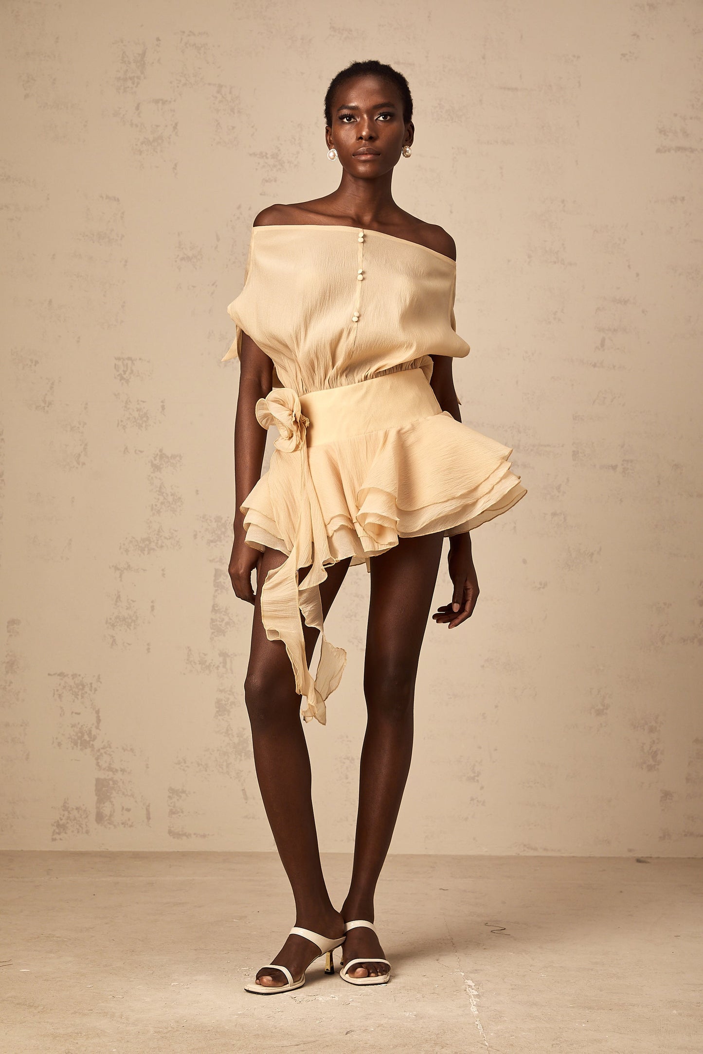 Marina Off Shoulder Floral Applique Dress & Shorts Set