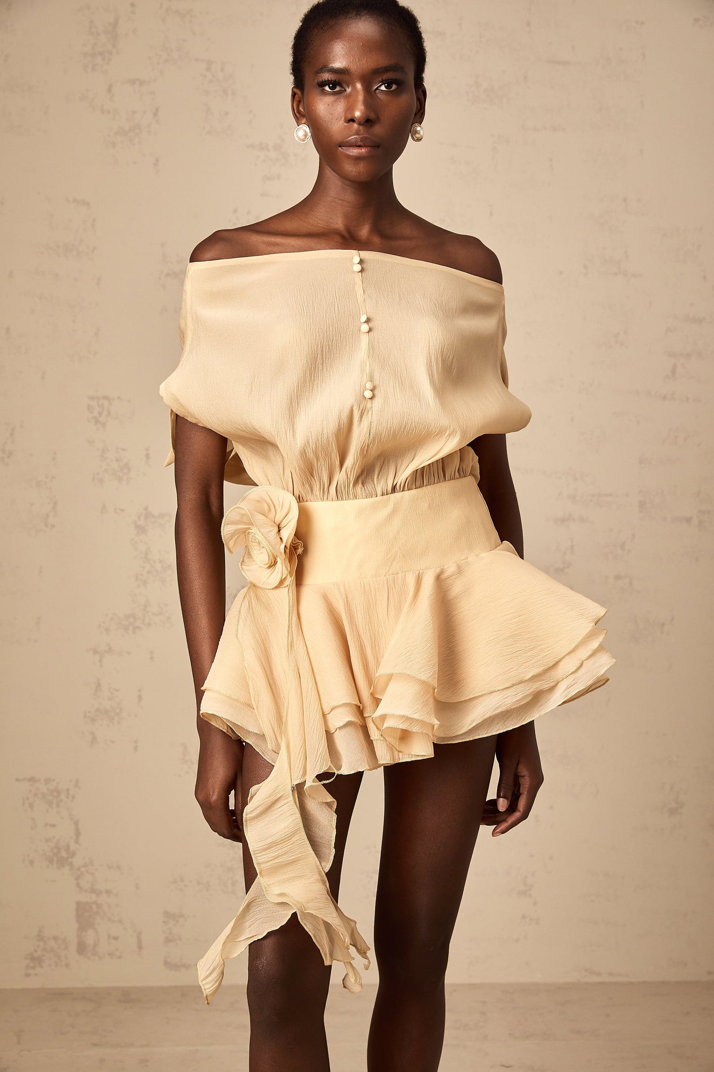 Marina Off Shoulder Floral Applique Dress & Shorts Set