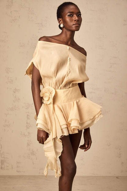 Marina Off Shoulder Floral Applique Dress & Shorts Set