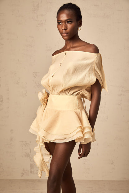 Marina Off Shoulder Floral Applique Dress & Shorts Set