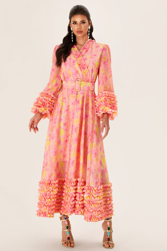 Floral Long Sleeve V-Neck Midi Dress With Belt