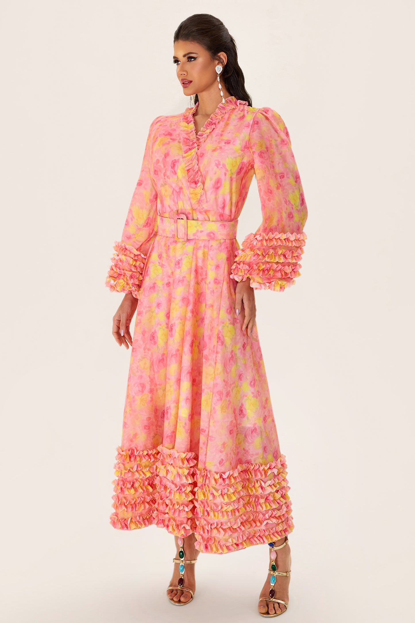 Floral Long Sleeve V-Neck Midi Dress With Belt