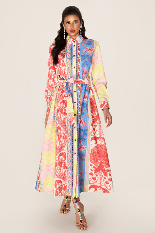Botanical Print Long Sleeve Midi Dress