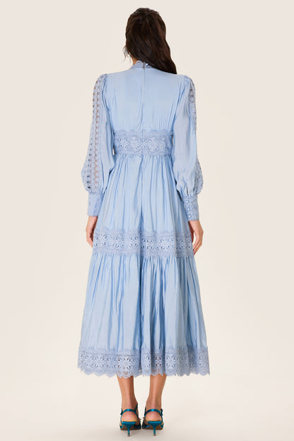 Lace Lantern Sleeve Solid Midi Dress