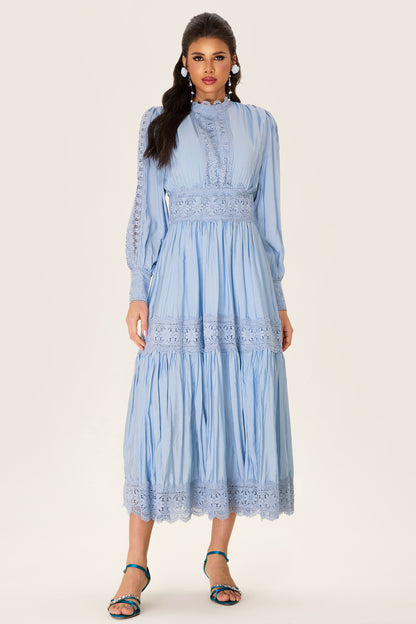 Lace Lantern Sleeve Solid Midi Dress