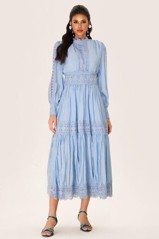 Lace Lantern Sleeve Solid Midi Dress