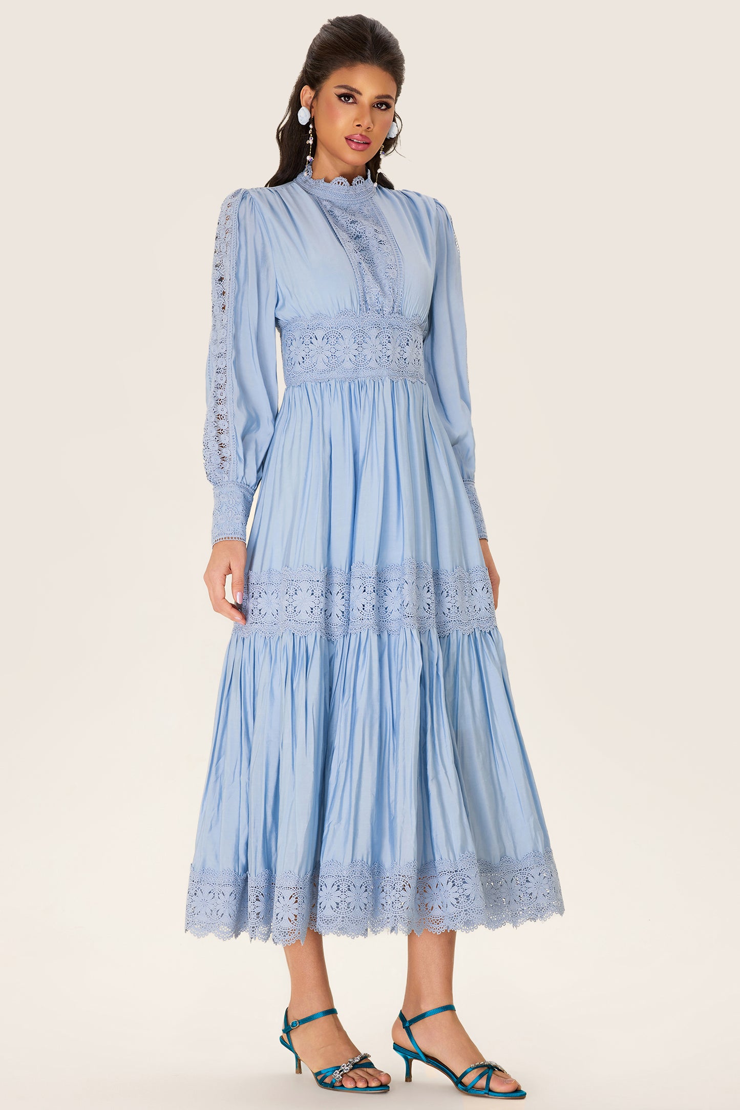 Lace Lantern Sleeve Solid Midi Dress