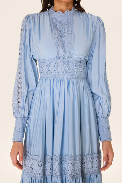 Lace Lantern Sleeve Solid Midi Dress
