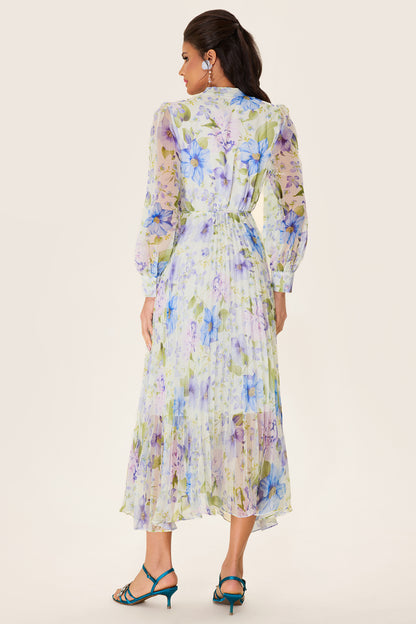 Floral Pleated Chiffon Midi Dress