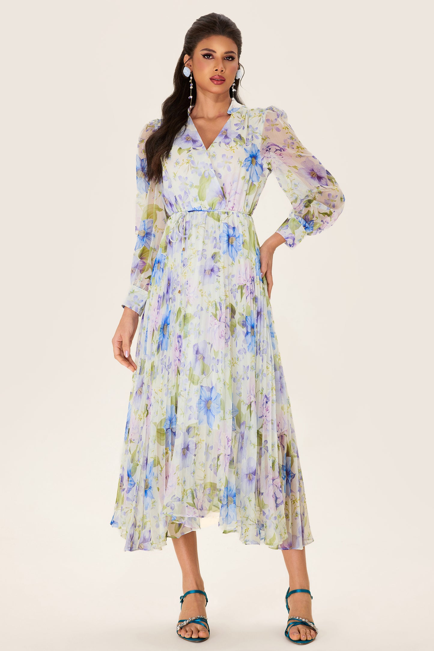 Floral Pleated Chiffon Midi Dress