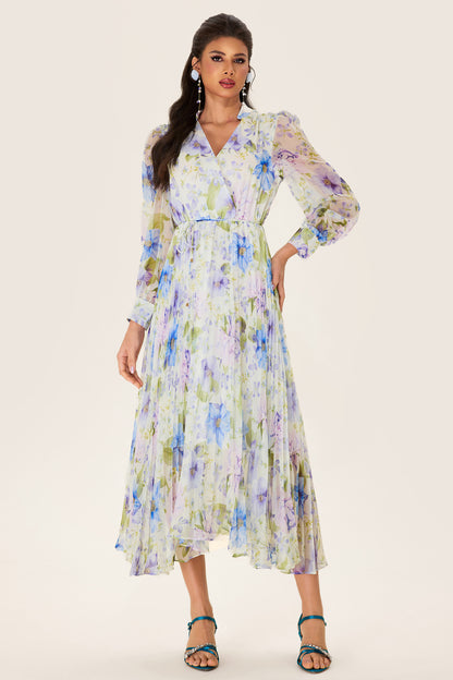 Floral Pleated Chiffon Midi Dress