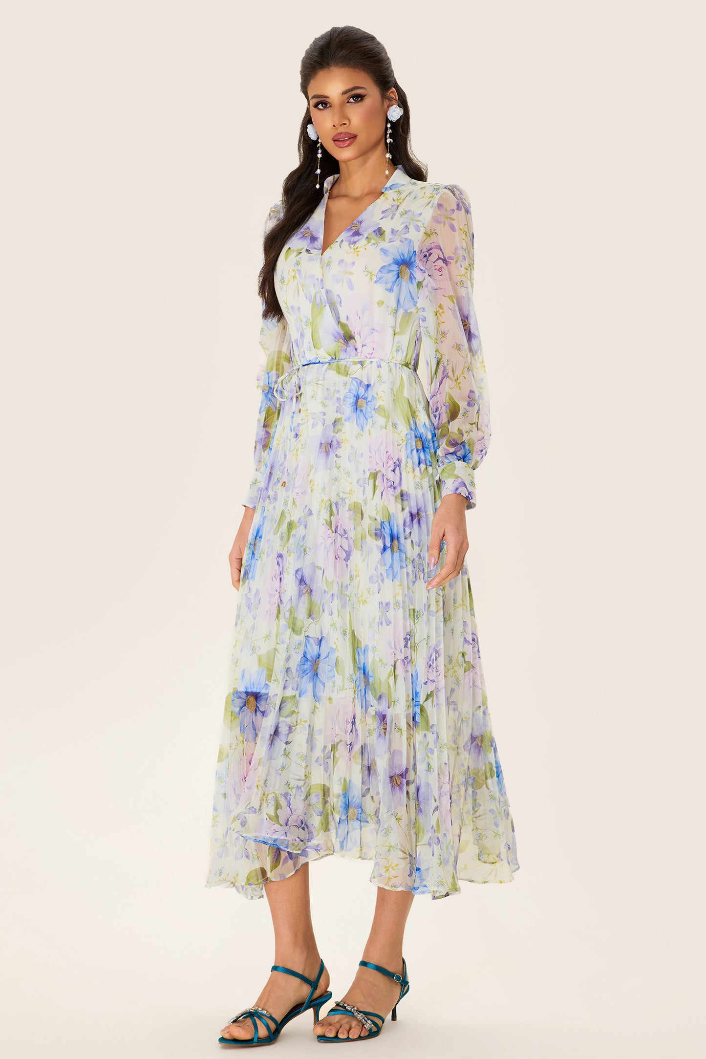 Floral Pleated Chiffon Midi Dress