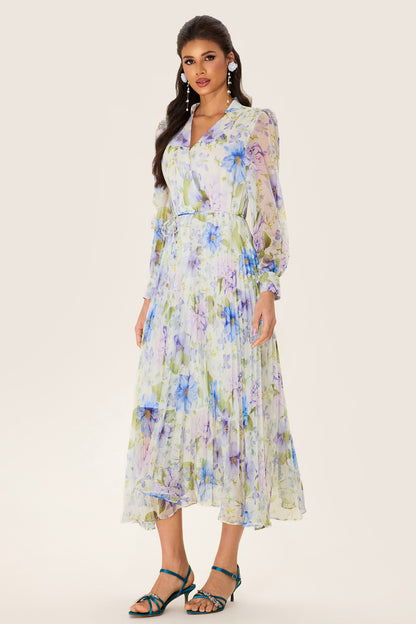 Floral Pleated Chiffon Midi Dress