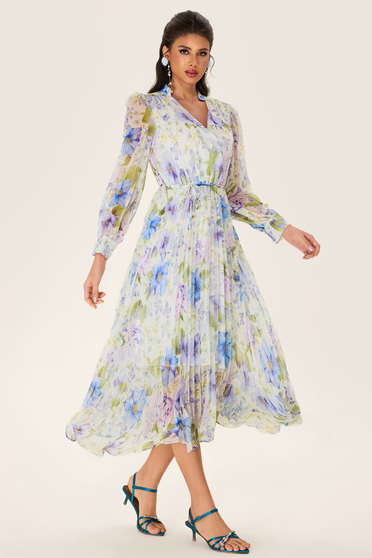 Floral Pleated Chiffon Midi Dress