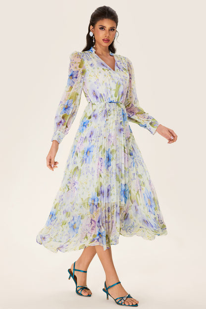 Floral Pleated Chiffon Midi Dress