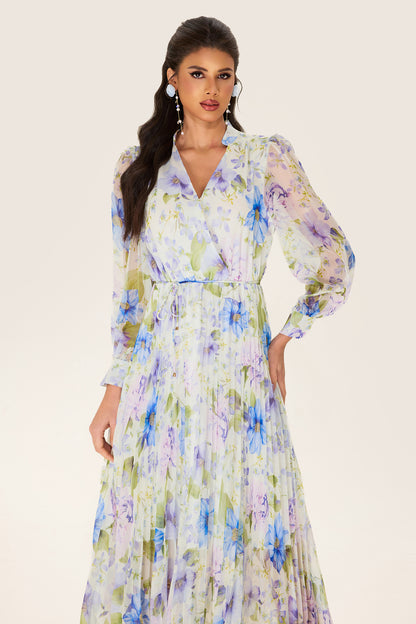 Floral Pleated Chiffon Midi Dress