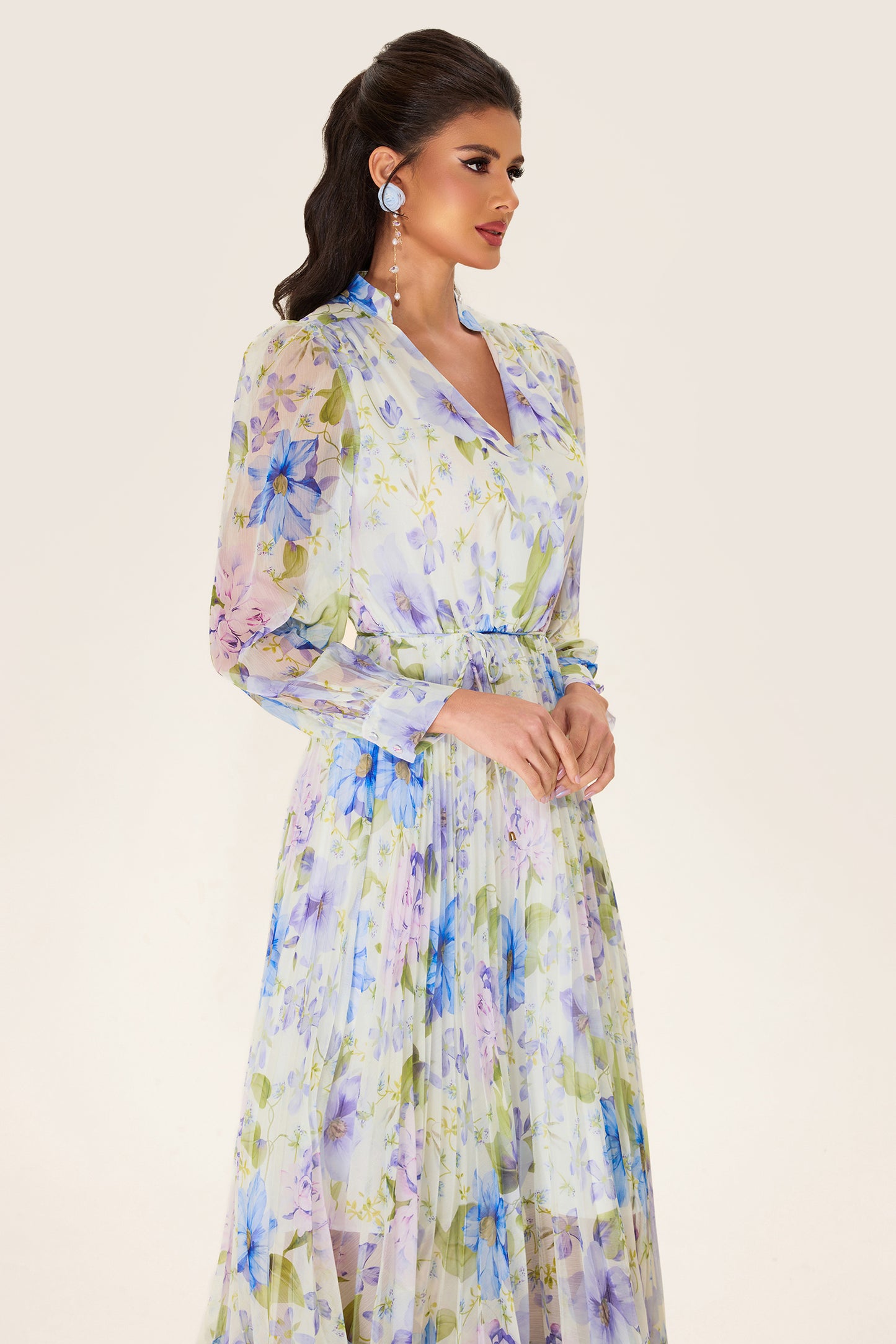 Floral Pleated Chiffon Midi Dress