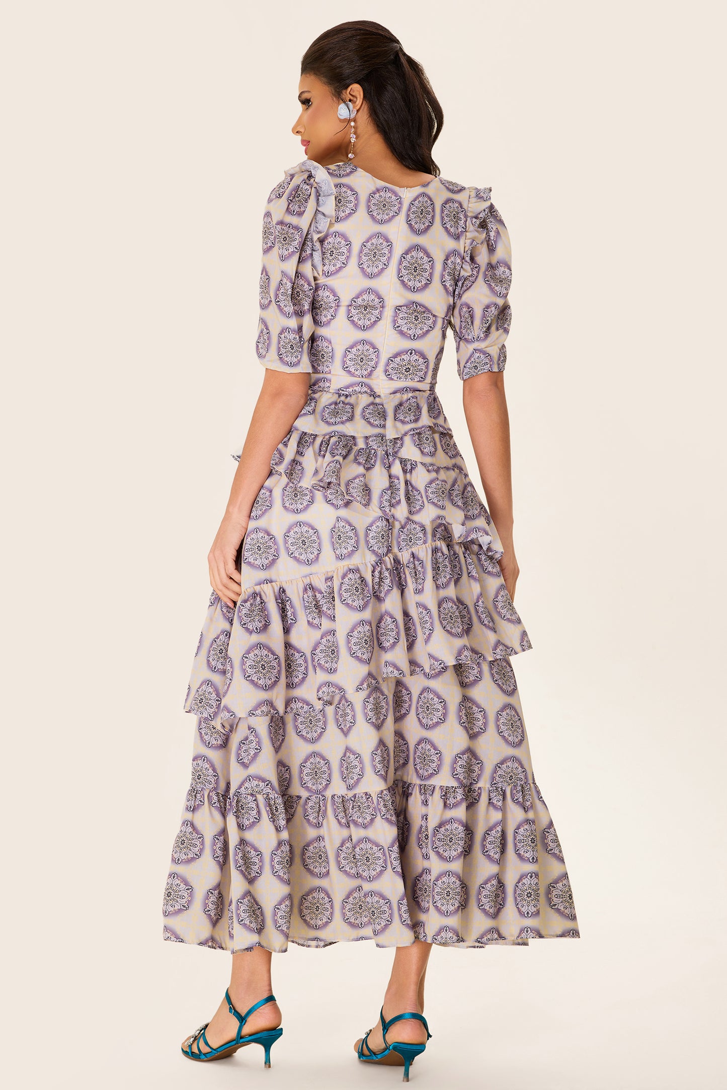 Ruffle Puff Sleeve Bow Midi Dress