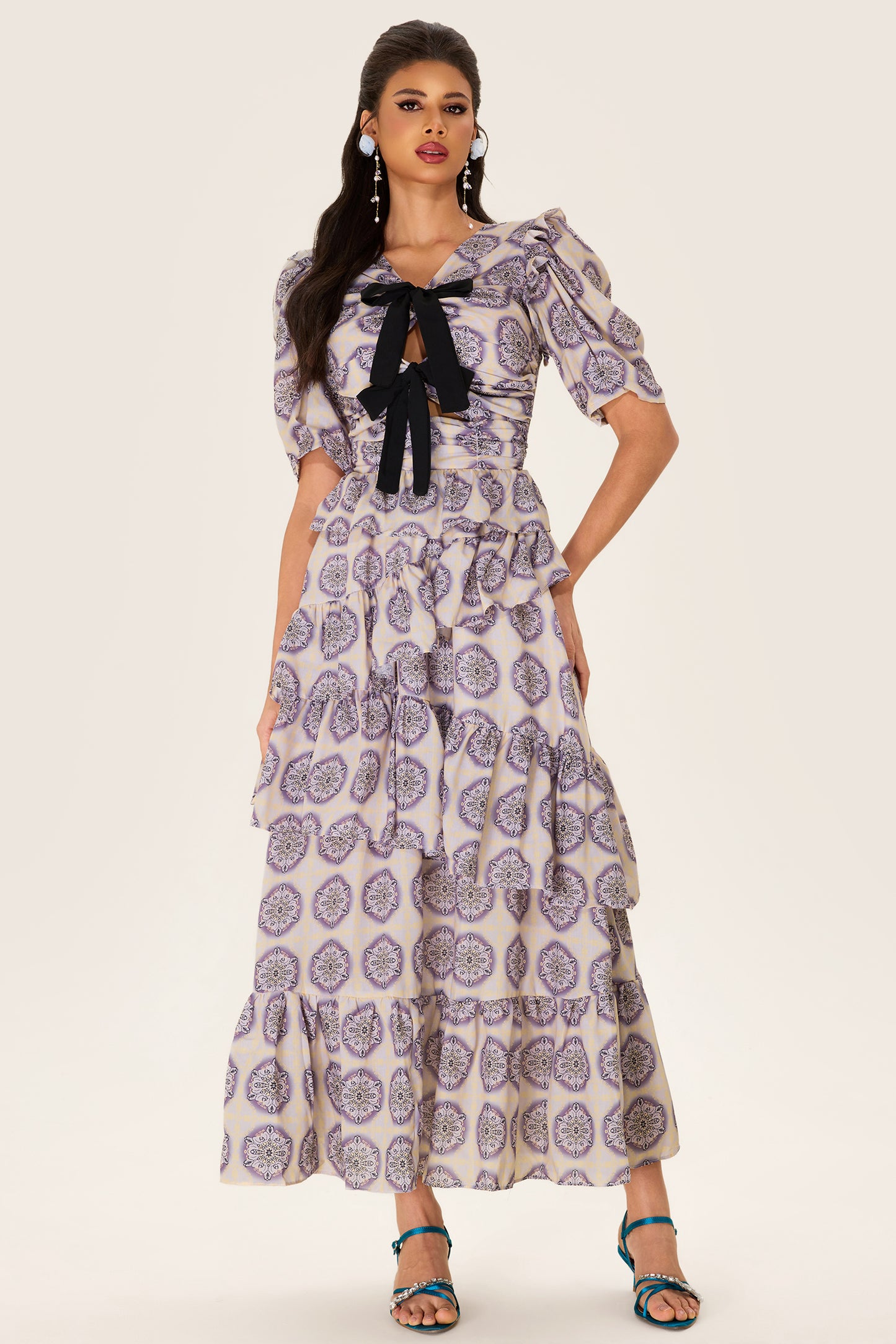 Ruffle Puff Sleeve Bow Midi Dress