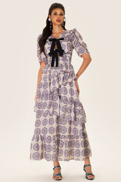 Ruffle Puff Sleeve Bow Midi Dress