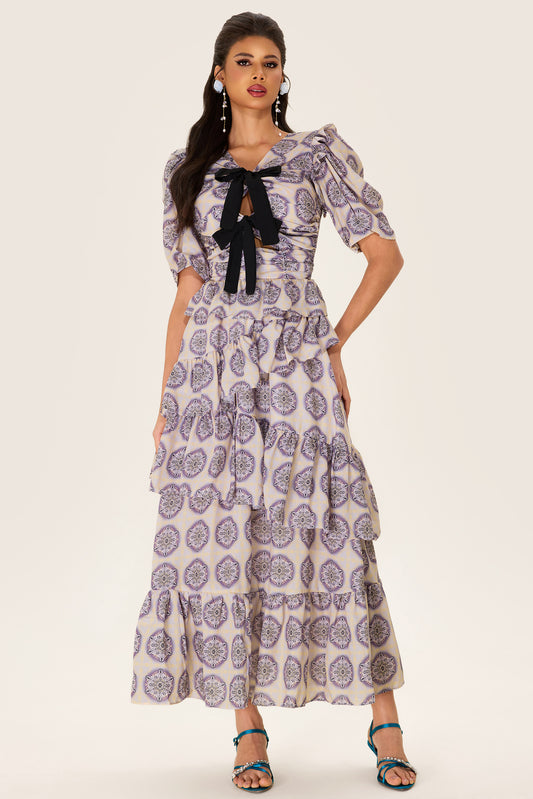 Ruffle Puff Sleeve Bow Midi Dress