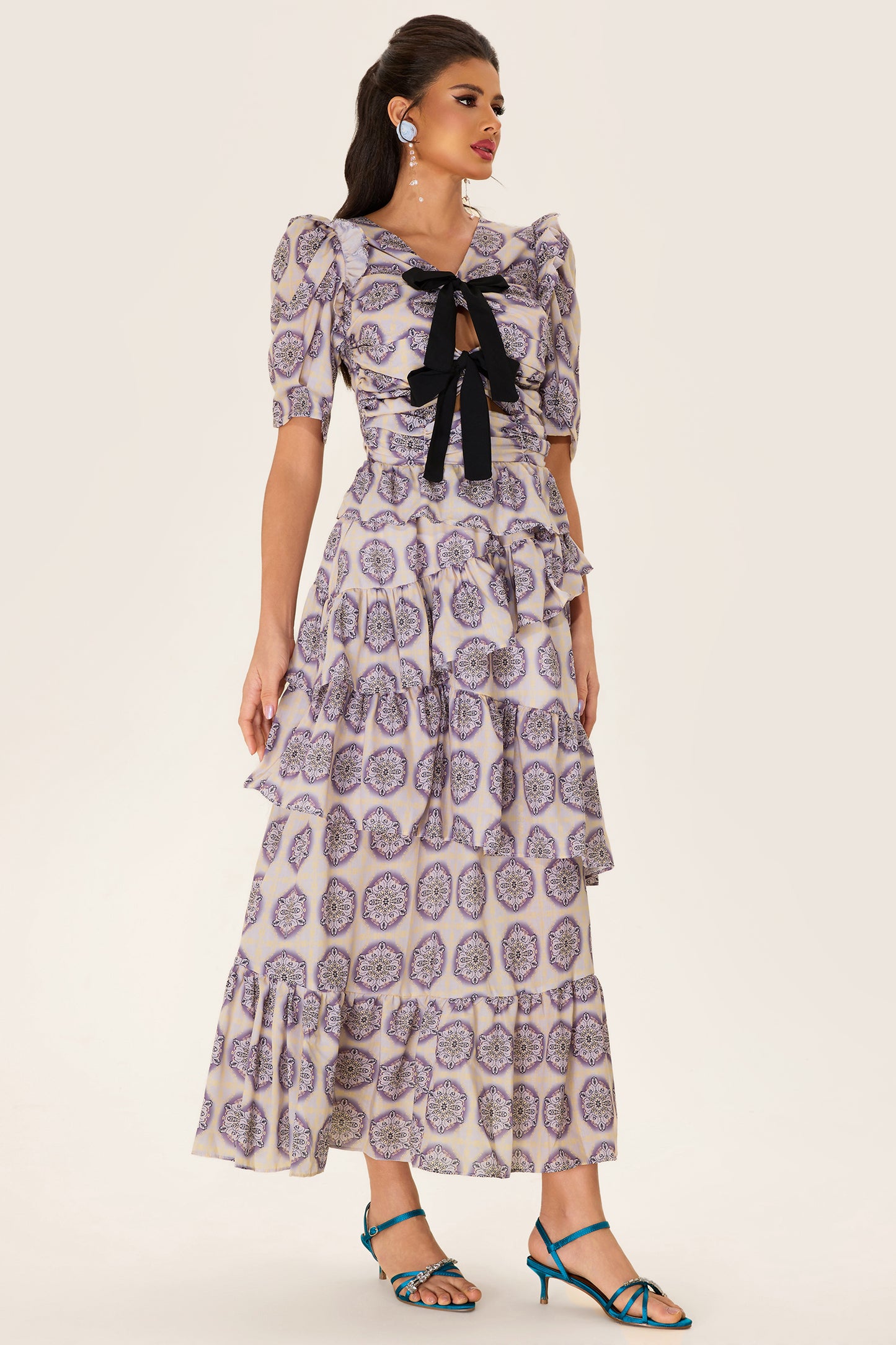 Ruffle Puff Sleeve Bow Midi Dress