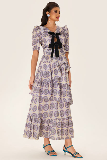 Ruffle Puff Sleeve Bow Midi Dress