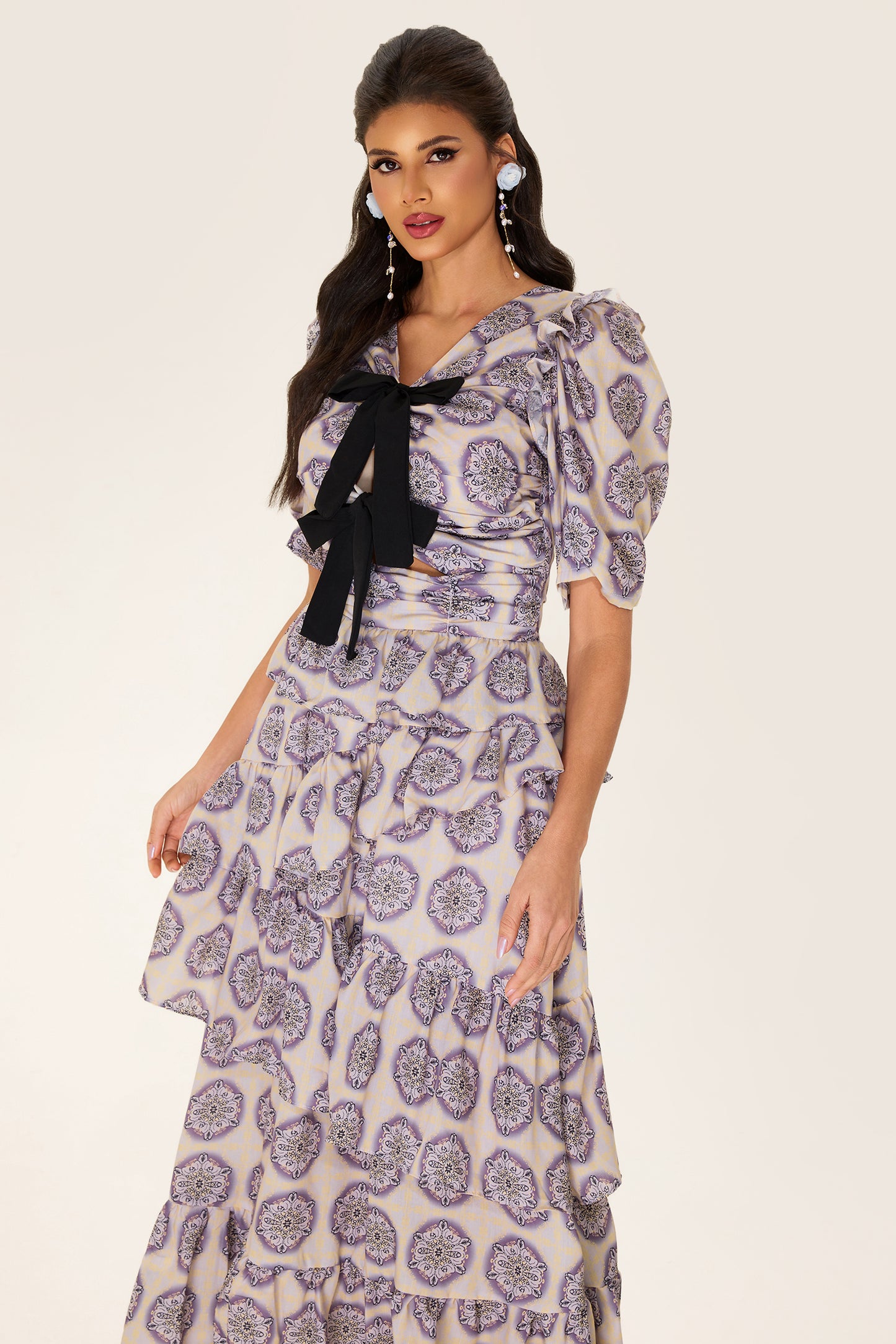 Ruffle Puff Sleeve Bow Midi Dress